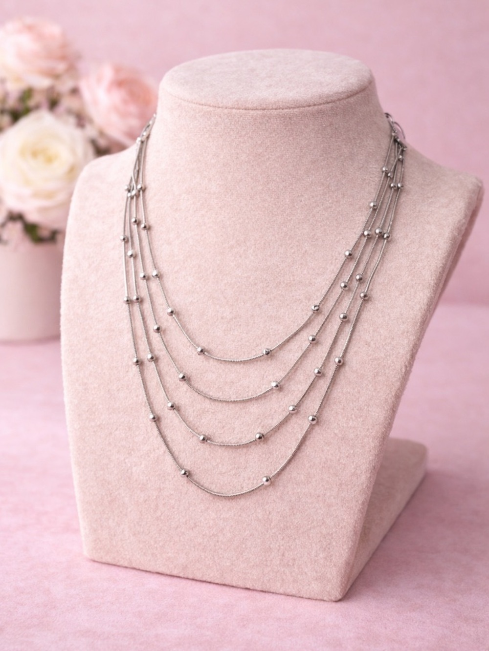 Multi-Strand Silver Bead Layered Necklace - Women Jewelry